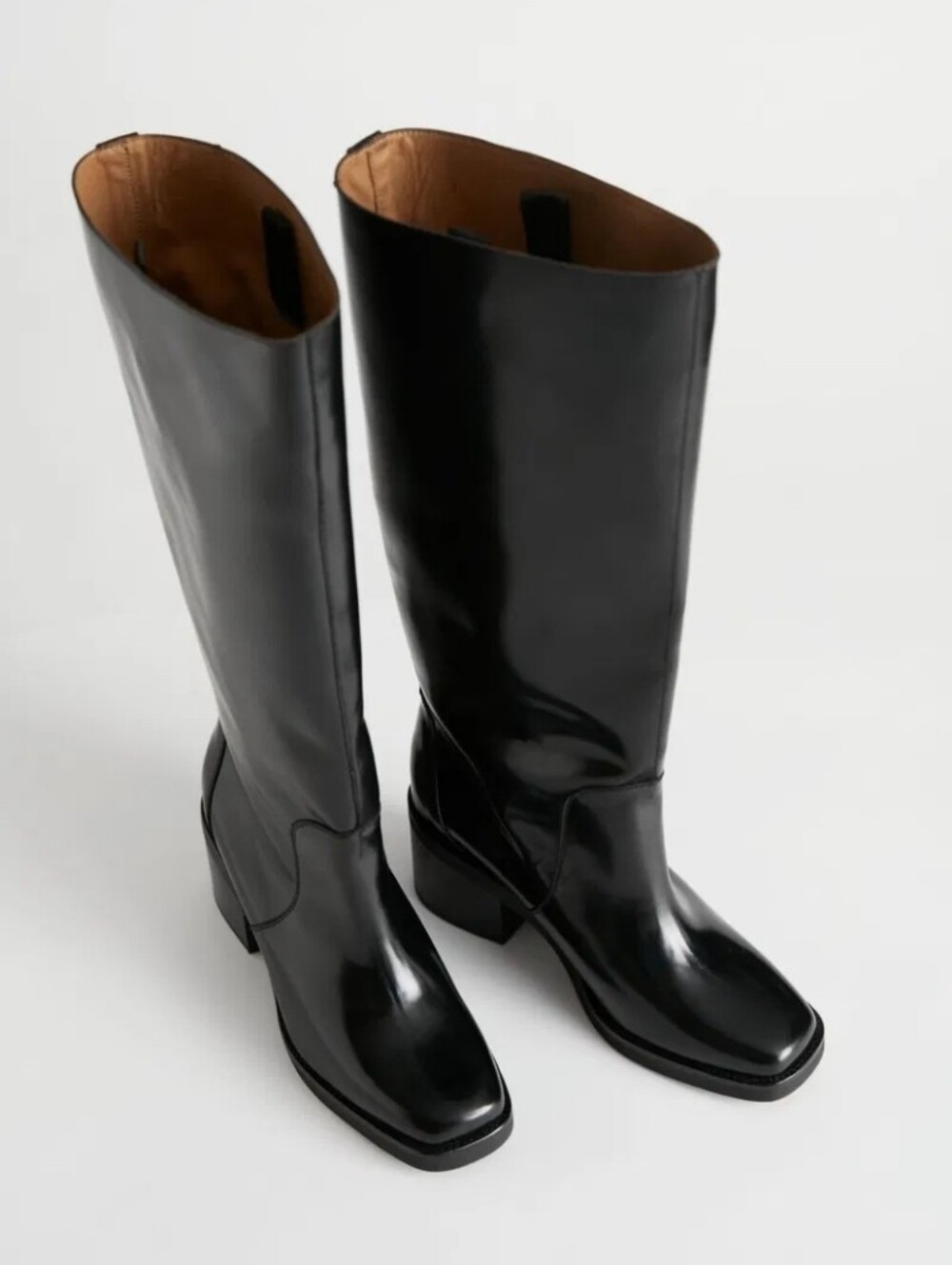 & Other Stories Black Glossy Square Toe Knee-High Women's Leather Boots